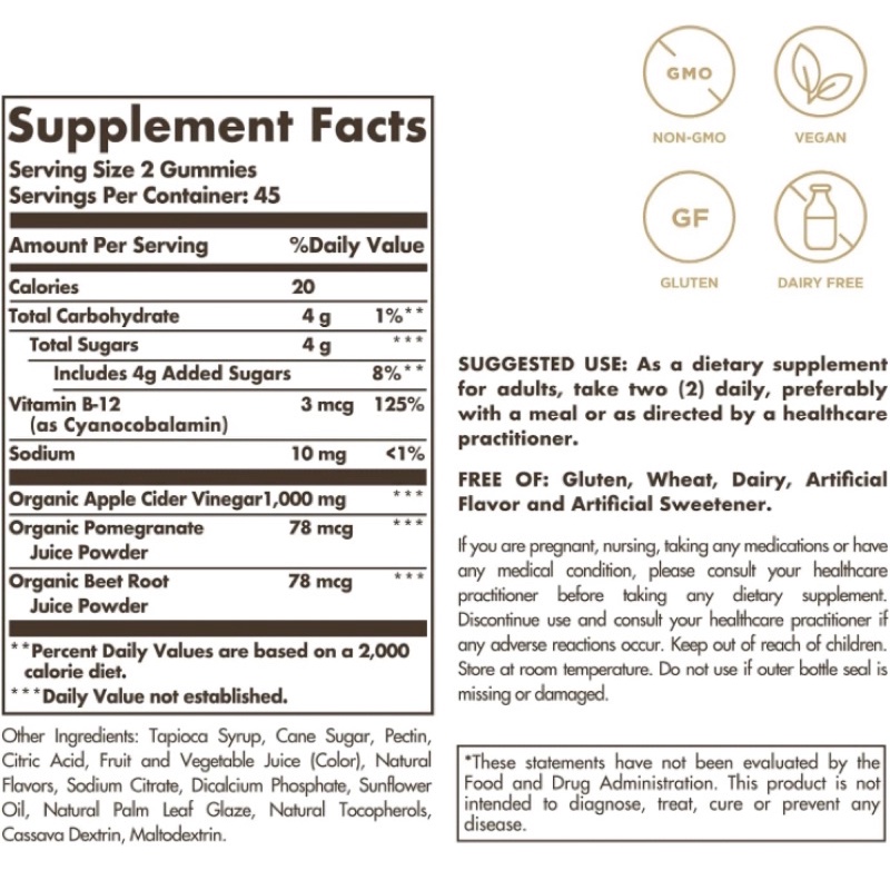 Kẹo dẻo giấm táo Solgar Apple Cider Vinegar 1000 mg 90 viên USA