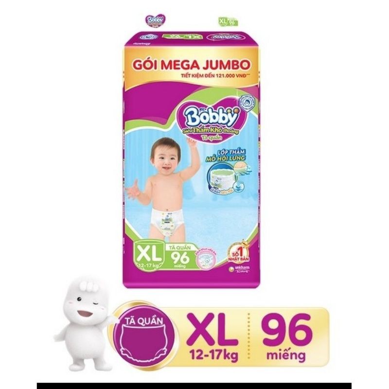 Tã quần bobby siêu thoáng bịch mega jumbo M120/L108/XL96/XXL88 miếng