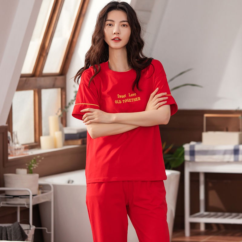 Đồ ngủ & Đồ mặc nhà✧Cặp đôi pyjama nữ mùa hè quần ngắn tay cotton tinh khiết phần mỏng đám cưới của nam giới lớn m