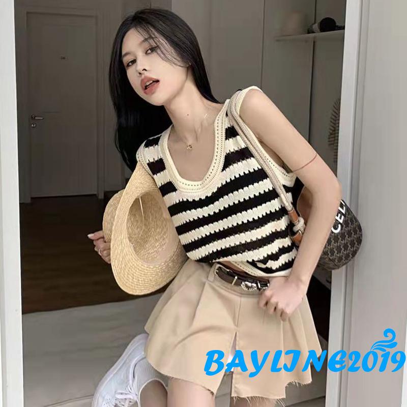 Áo Thun Không Tay Họa Tiết Sọc Màu Sắc Tương Phản Thời Trang Cho Nữ