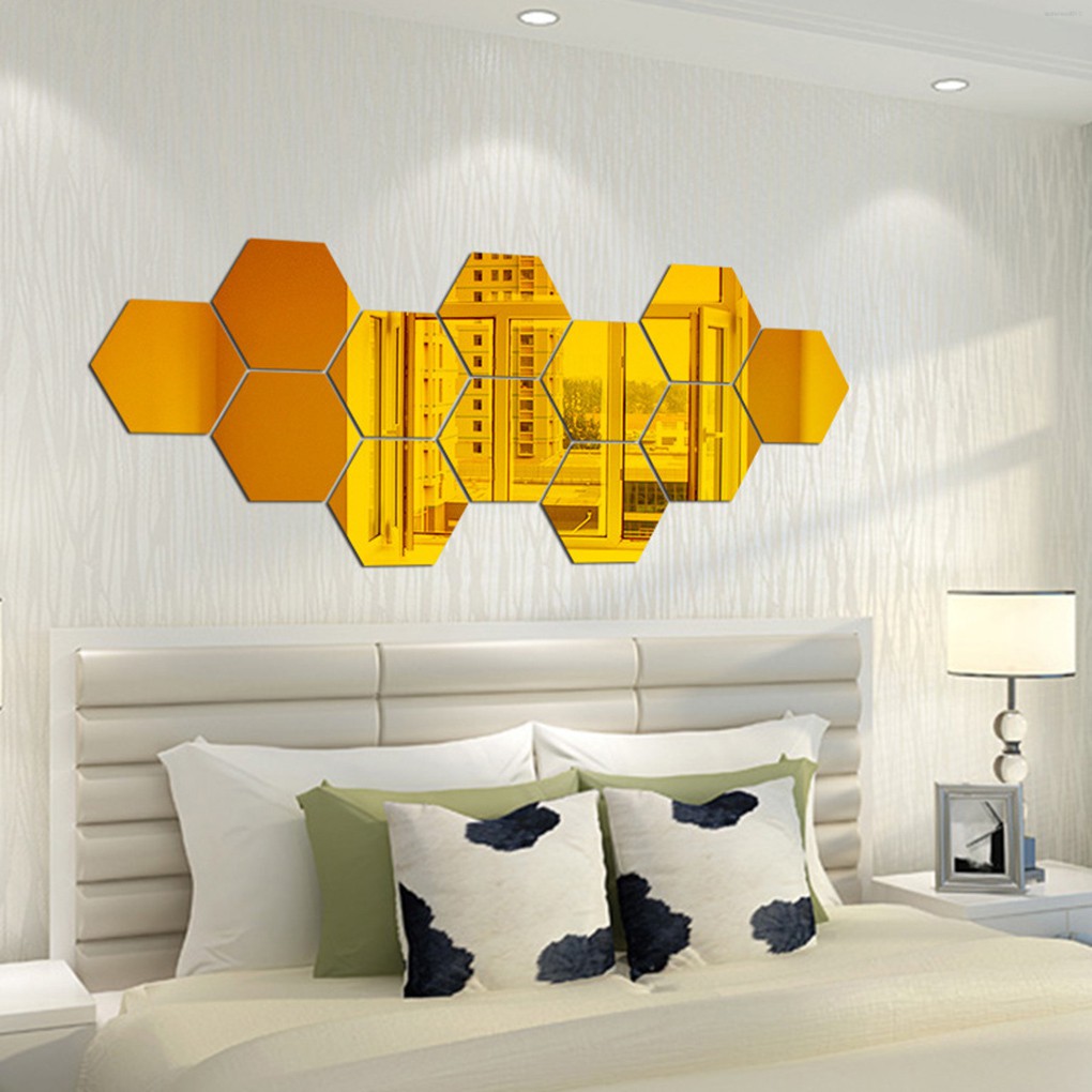 12pcs/set Hexagon Removable Acrylic Wall Stickers 3D Mirror Like Bedroom Mural Living Room Wall Ornaments  Kitchentool