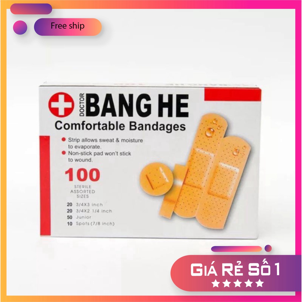 Hộp 100 miếng nhiều kích cỡ Băng keo cá nhân Băng dán y tế sơ cứu vết thương vết trầy xước chống nhiễm trùng tiện dụng p