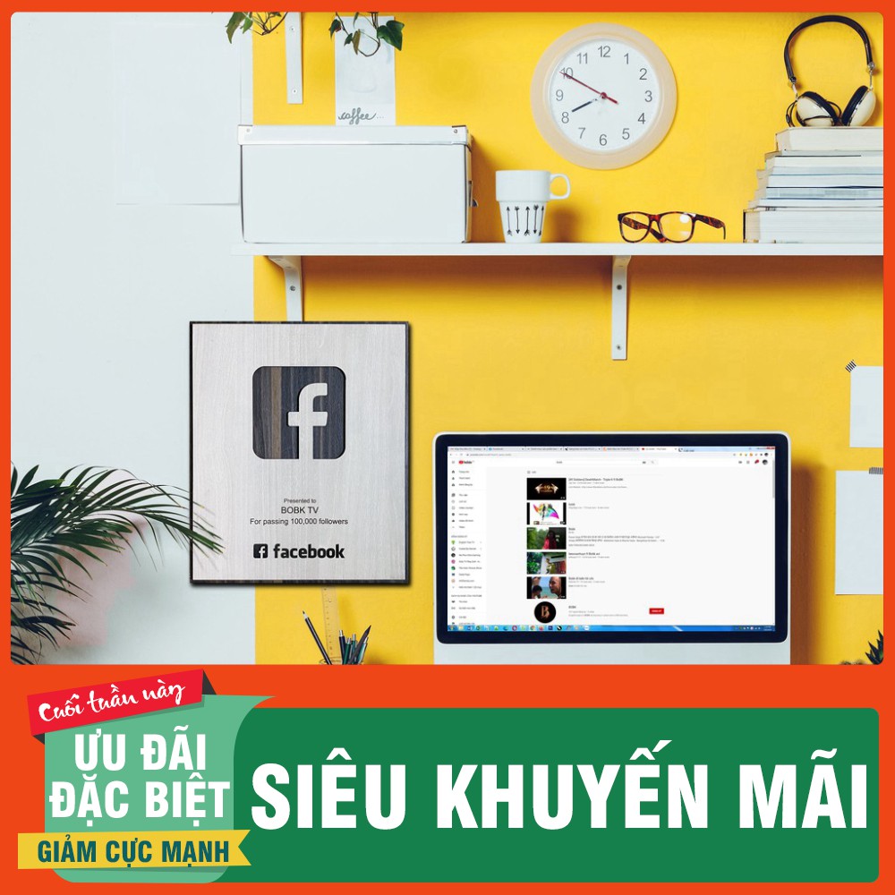 [Tranh trang trí phòng]  Nút tri ân trang facebook đạt 100.000 người theo dõi làm bằng gỗ khắc tên laser theo yêu cầu .