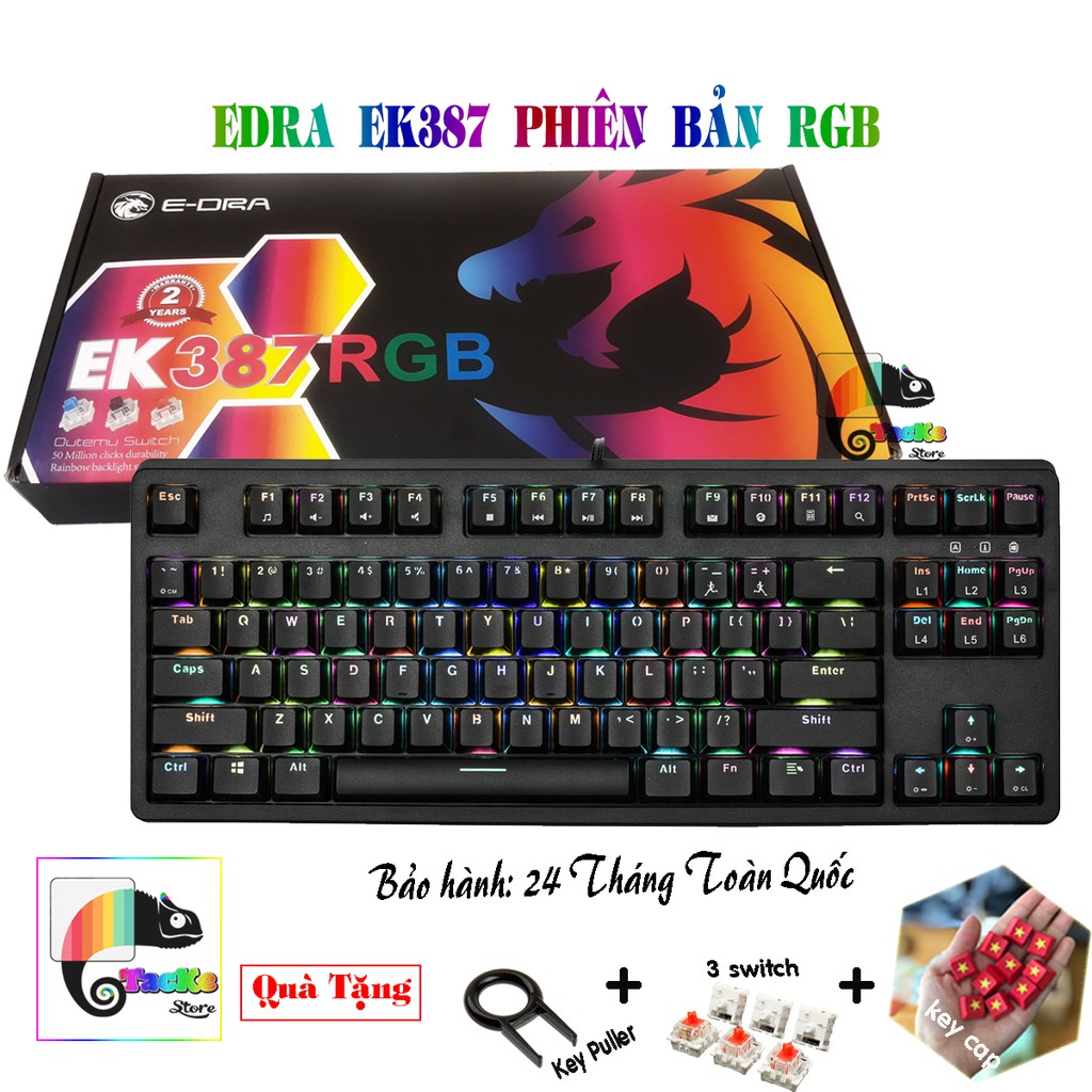 Bàn phím cơ RGB E-Dra EK387 RGB Model 2021 BH 24 T I Tặng kèm Keycap, 3 switch, keypuller I EDra Gaming TKL EK387RGB