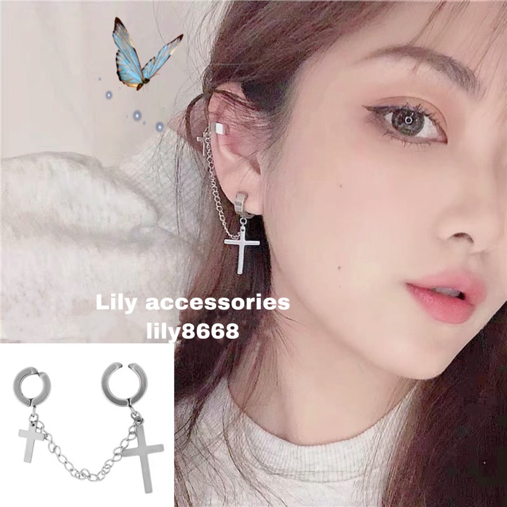 Cross Ear Cuffkẹp kẹp tai titan thánh giá nam nữ không cần xỏ lỗ không gỉ không đen không dị ứng Unisex