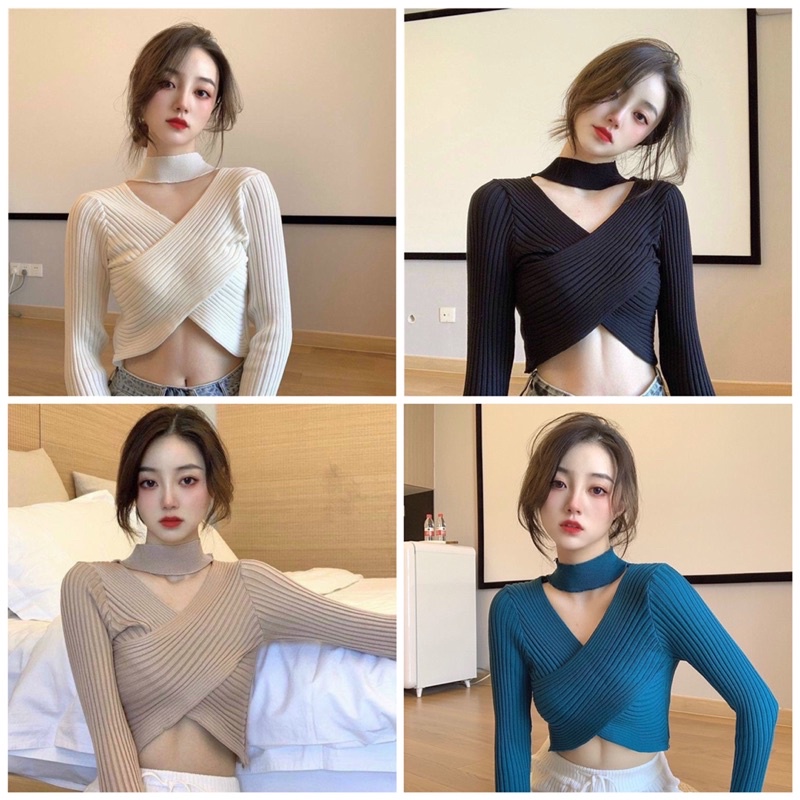 [FREESHIP] Áo len croptop nữ đắp chép cổ cách điệu màu xanh đen trắng be NÀNG CLOSET