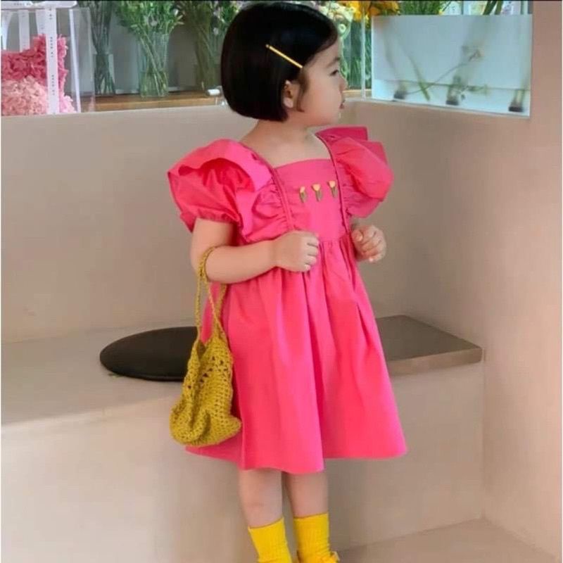 Váy babydol màu hồng cánh sen thêu hoa cho bé gái tay bèo