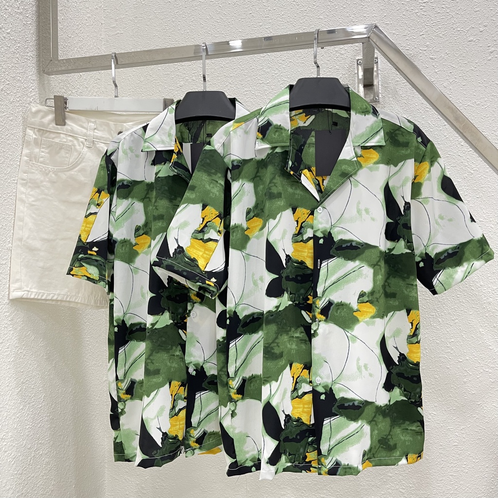 Áo sơ mi tay ngắn hoạ tiết vết sơn gỗ  áo cuban shirt ngắn tay cổ vest mùa hè