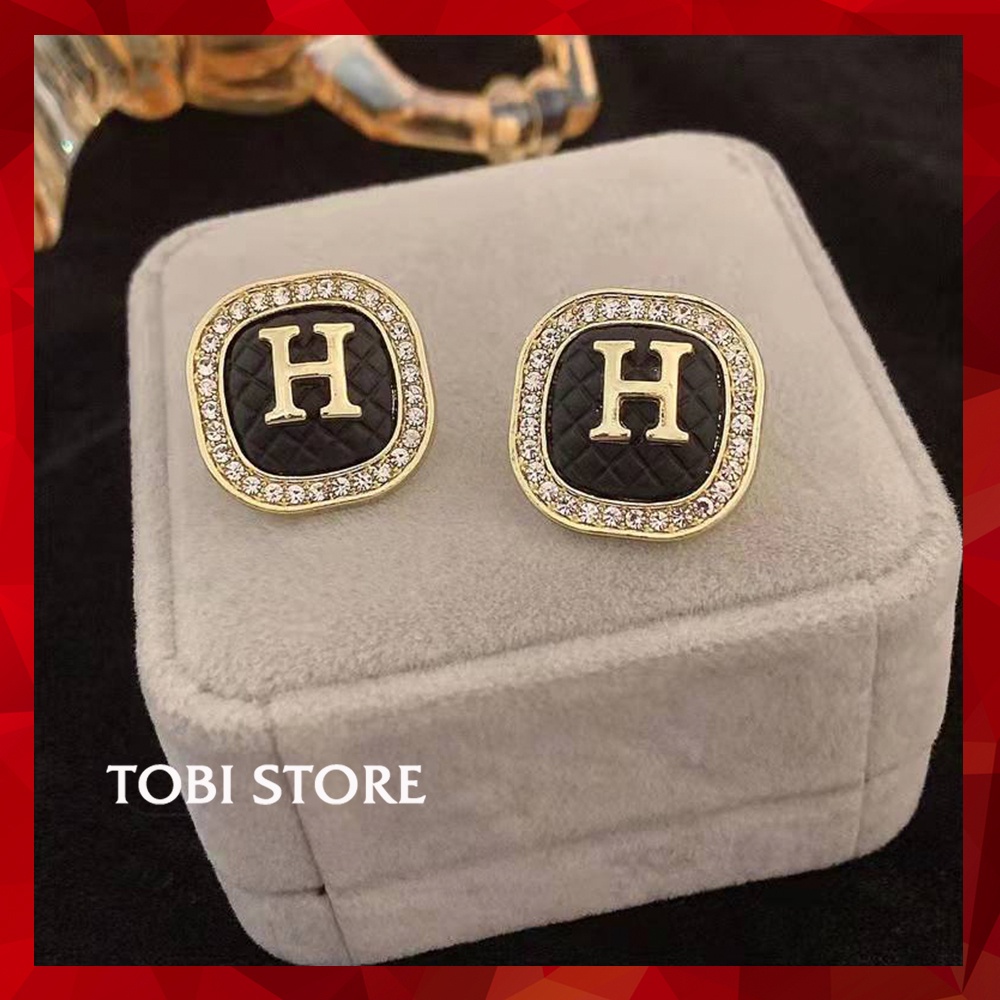 Bông tai nữ thương hiệu H vuông bản to màu đen viền đính đá sang trọng TB471