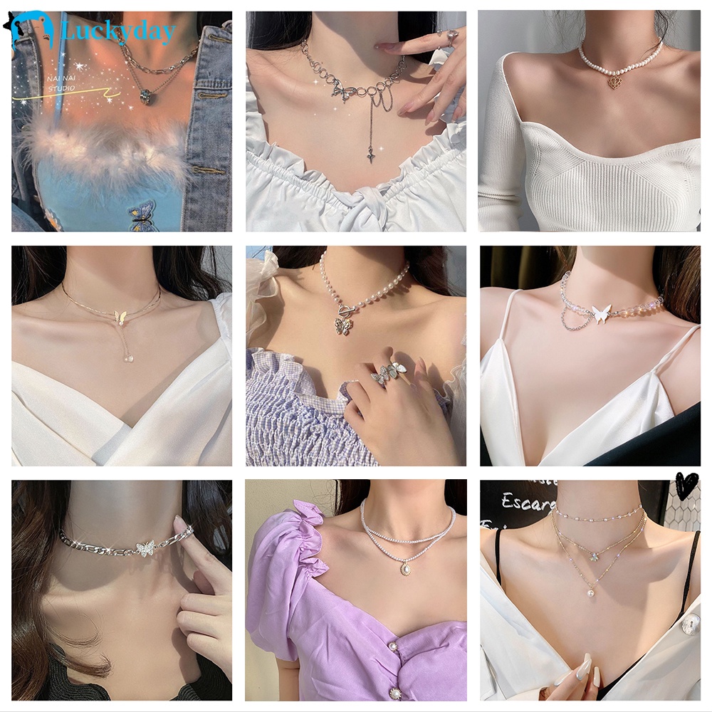 Vòng Cổ Nữ Dây Chuyền Ngọc Trai Bươm Bướm Mặt Dây Chuyền Đôi Phụ Kiện Trang Sức