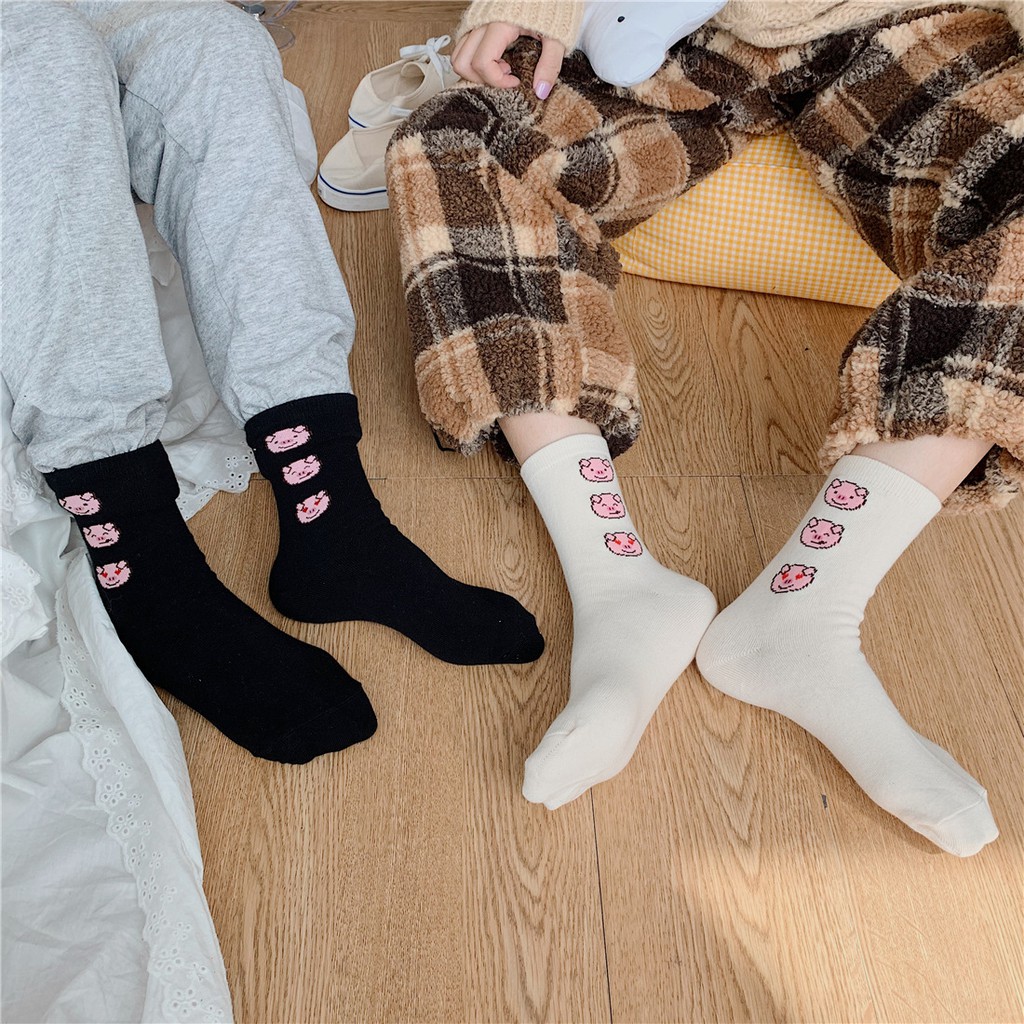 Tất nữ Cổ cao Dễ thương In hình heo Cotton Ulzzang Vớ cao cổ nữ In hình hoạt hình dễ thương