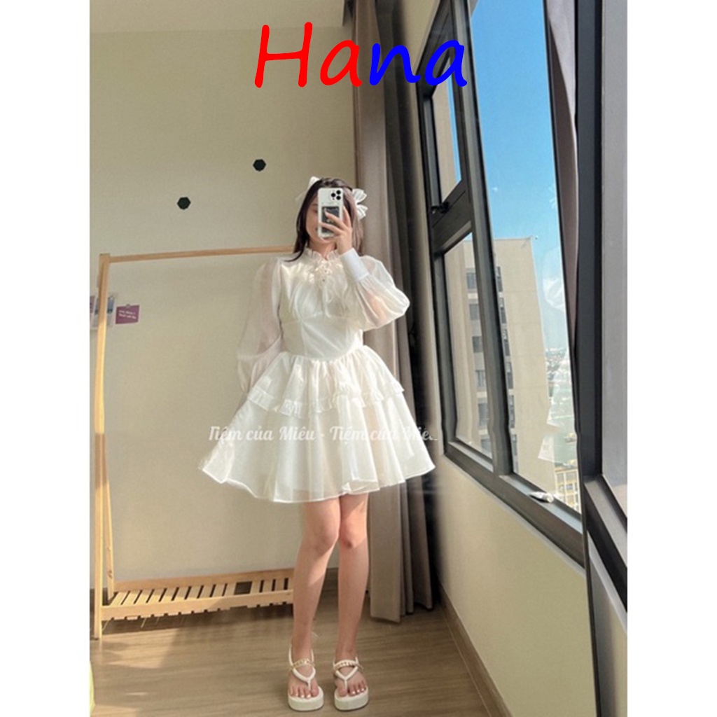 Váy tơ babydoll tay dài tiểu thư chân váy nâng tầng- Hana35