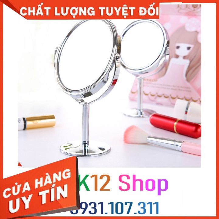 Gương trang điểm. Gương mini 2 mặt phẳng để bàn, một mặt có thể phóng to gấp 3 lần ảnh rõ nét.