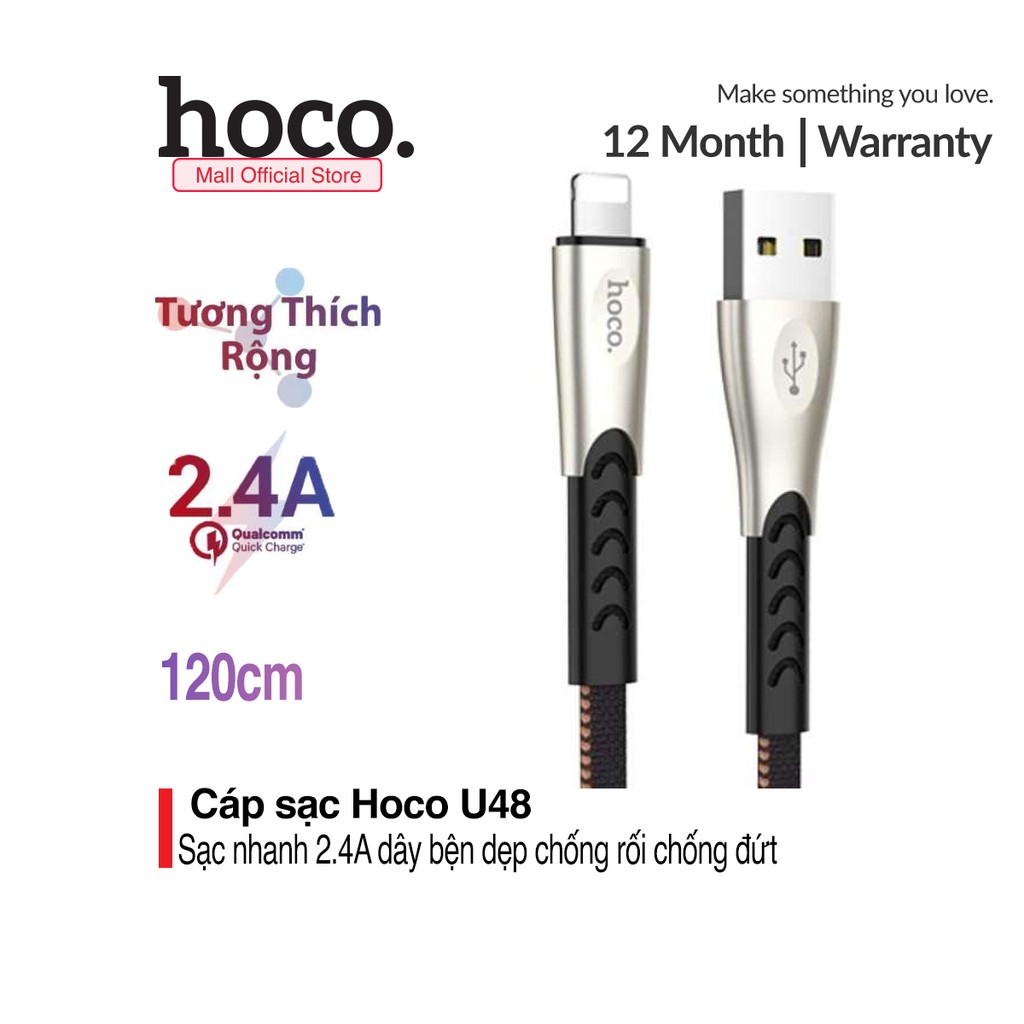 Cáp sạc nhanh Hoco U48 cho điện thoại dây dù chống đứt ( Hỗ trợ sạc nhanh 2.4A Max, dài 1.2m )