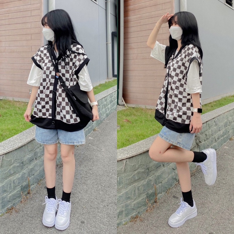 Áo Khoác Gile Nữ Đen Vintage sọc Caro Form Rộng Ulzzang - Áo gile không tay cổ tim dáng suông