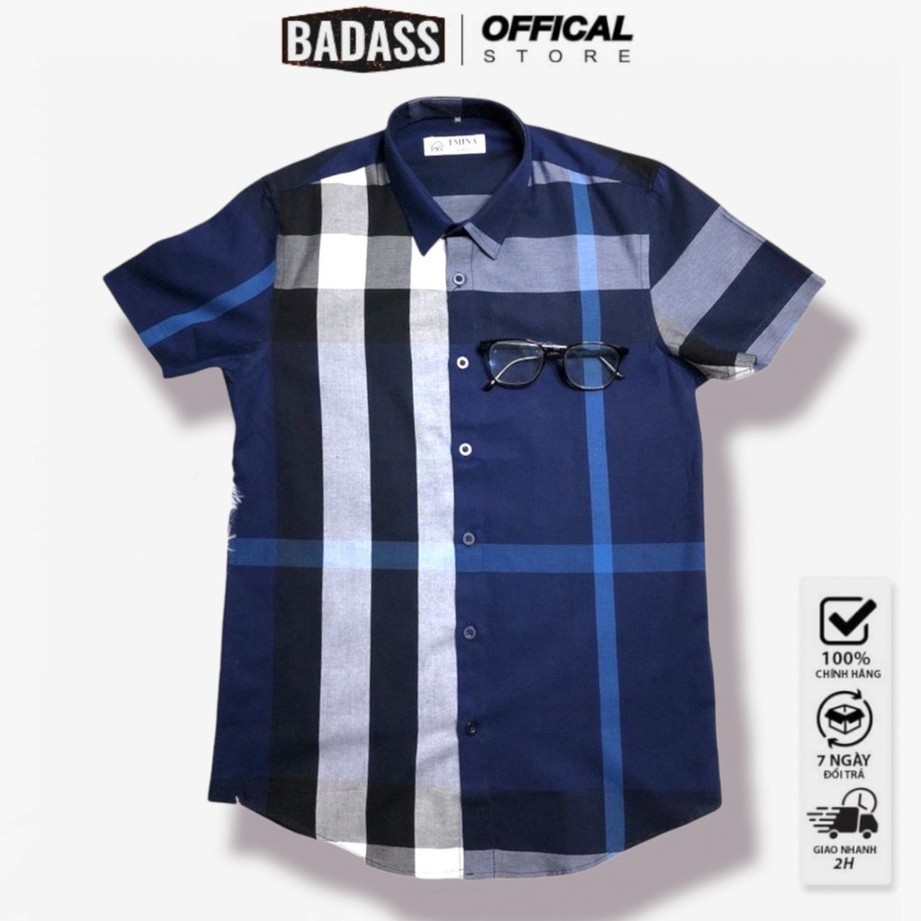 Áo sơ mi nam ngắn tay áo sơ mi BBR họa tiết kẻ to 100% cotton xịn màu tím than