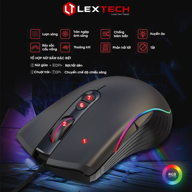 Chuột gaming máy tính có dây LexTech HXSJ 6400 DPI LED RGB 20 triệu click bền bỉ cho game thủ văn phòng laptop PC CA867