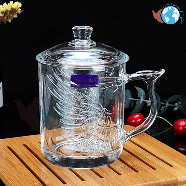 SET 2 ly thủy tinh bao gồm ly rồng và ly phụng có quai cầm, nắp thủy tinh sang trọng, dùng làm quà tặng