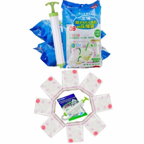 Bộ 8 túi hút chân không chất liệu nhựa PE ép dẻo mềm và dai độ bền 03-05 năm + Tặng kèm bơm tay