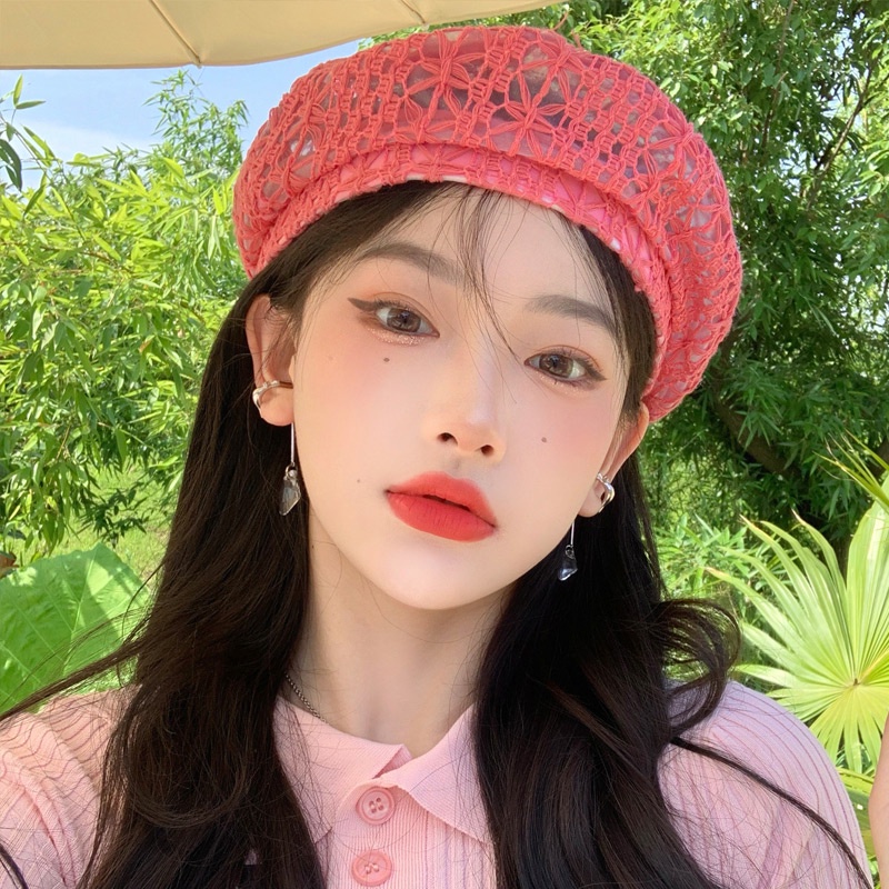 Nón beret phối ren màu trơn thoáng khí thời trang Hàn Quốc cho nữ