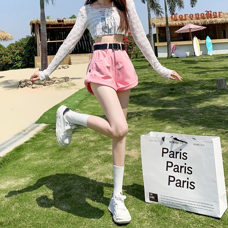 Jiashucheng Quần Short Denim Lưng Cao Ống Rộng Co Giãn Thời Trang Dành Cho Nữ