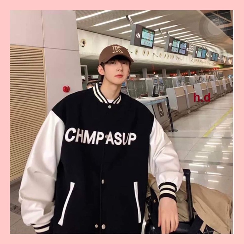Áo bomber CHMPChất gió mềm vs nỉhàng 1 lớp cổ, tay áo và gấu áo có bo dệt xịnfreesize 50kgphong cách hàn quốc