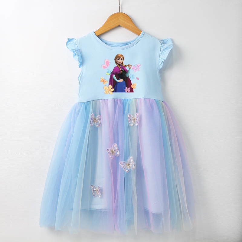 Váy Tutu Lưới Tutu Công Chúa Elsa Và Anna Cầu Vồng Thêu Hình Bướm 3D Chất Lượng Cao Cho Bé Gái