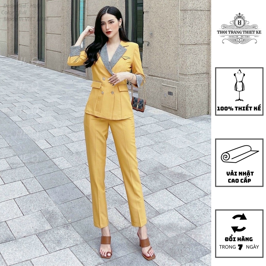 Bộ vest nữ công sở phối kẻ áo vest tay lỡ dáng dài quần tây ống côn thời trang thiết kế cao cấp Q103