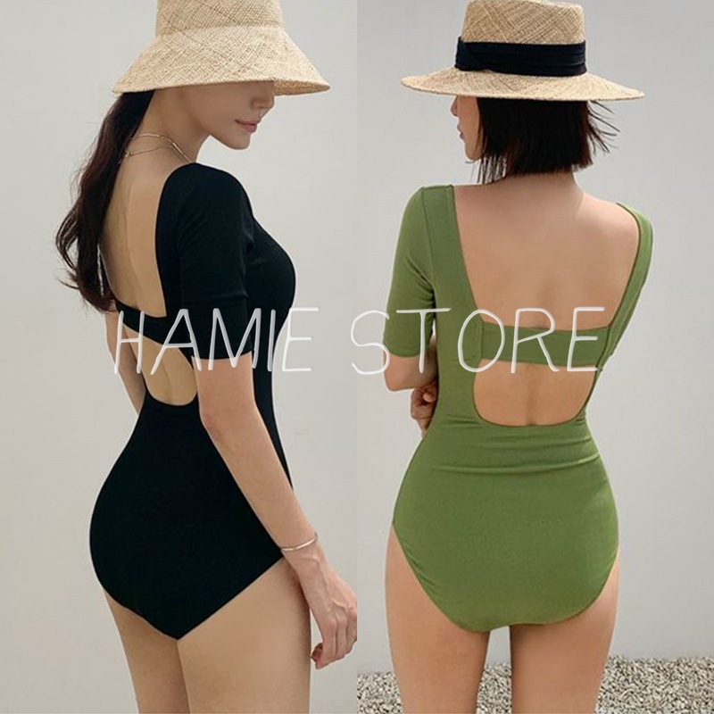 Đồ bơi nữ liền thân cộc tay khoét lưng BK04, bikini kín đáo đi biển bodysuit quyến rũ sexy