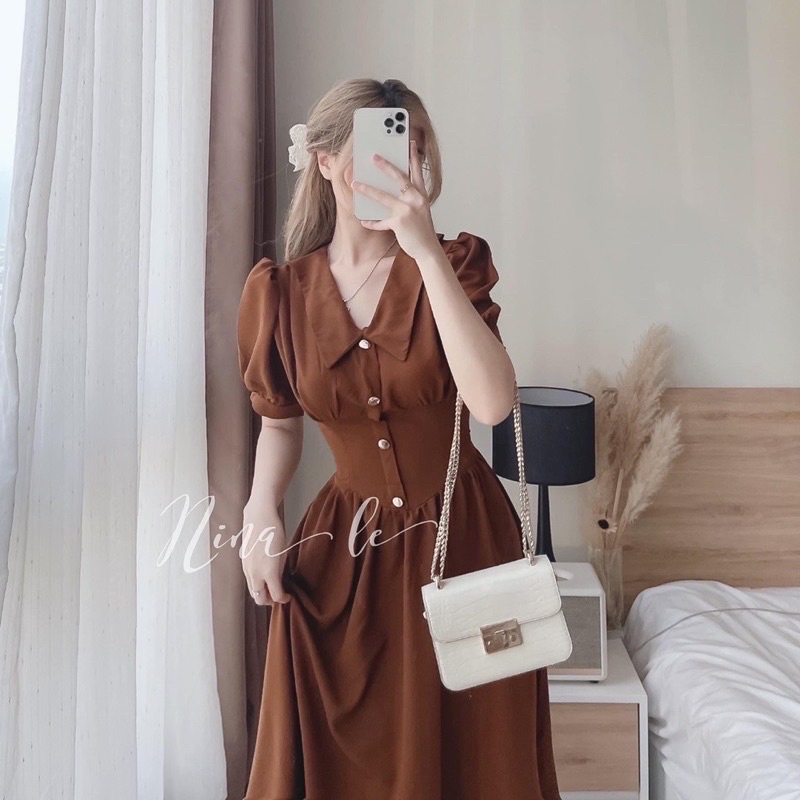 Vây xoè nữ , váy xoè cổ V tay bồng chiết eo | BigBuy360 - bigbuy360.vn