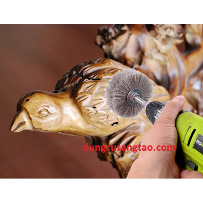 Chổi sợi tổng hợp D80mm cán 6mm / Chổi quật đánh bóng gỗ