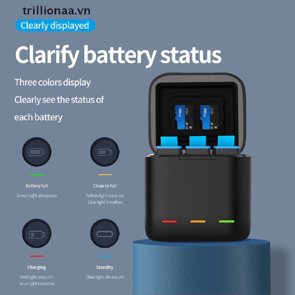 Pin Sạc Telionaa 1750Mah 3 Chiều Có Đèn LED Bằng Nhựa Resin Cho GoPro Hero 10