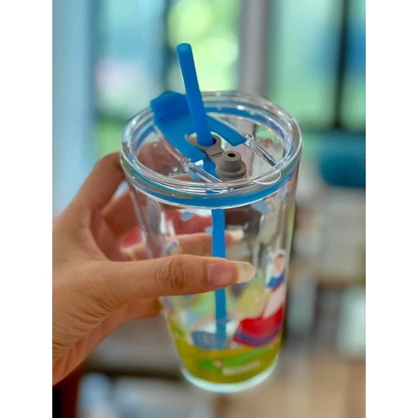 Cốc thuỷ tinh có nắp kèm ống hút cao cấp cô gái hà lan
