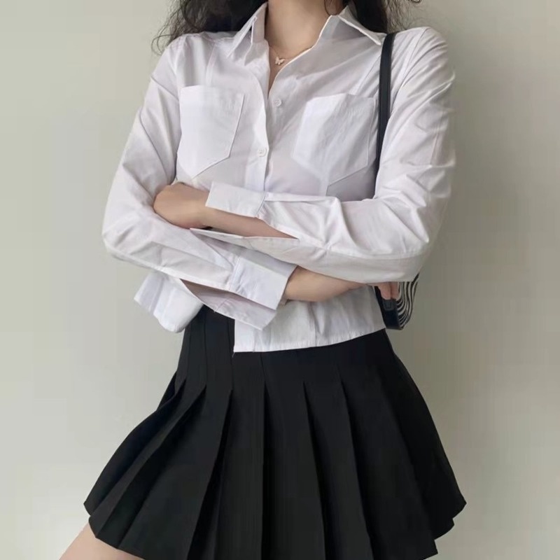 Áo Sơ Mi Trắng Tay Dài Cổ Bẻ Phối Hai Túi Thiết Kế Ngọt Ngào Phong Cách Học Sinh Mỹ