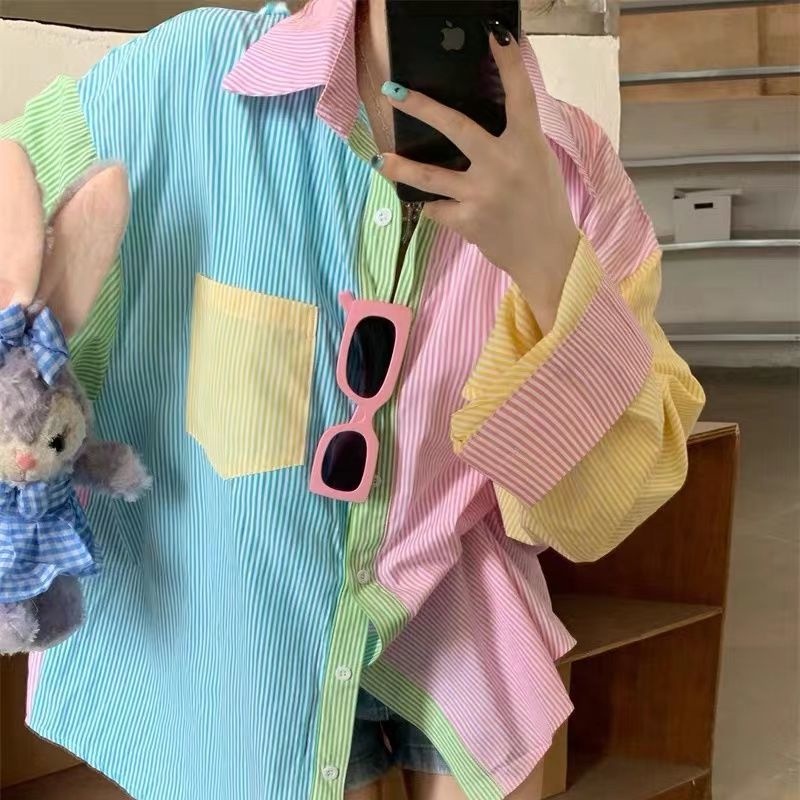 Áo sơ mi COZOK tay dài họa tiết kẻ sọc thời trang Hàn Quốc dễ phối đồ cho nữ