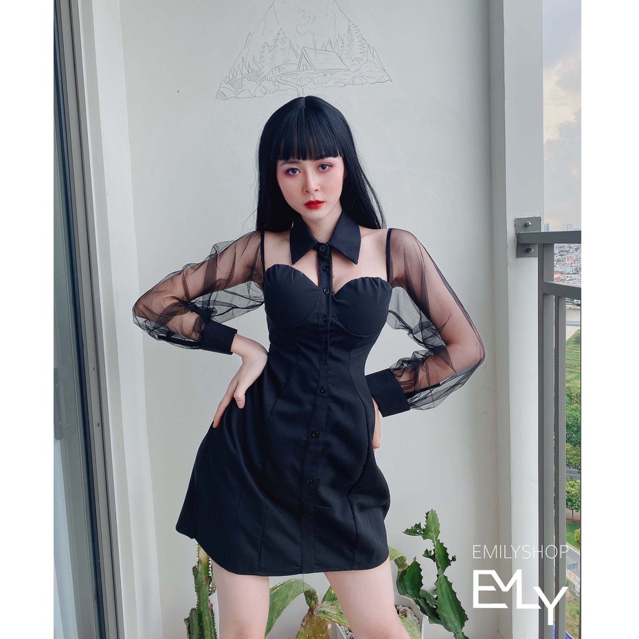 Đầm đen nữ Emilyshop dáng chữ a tay lưới