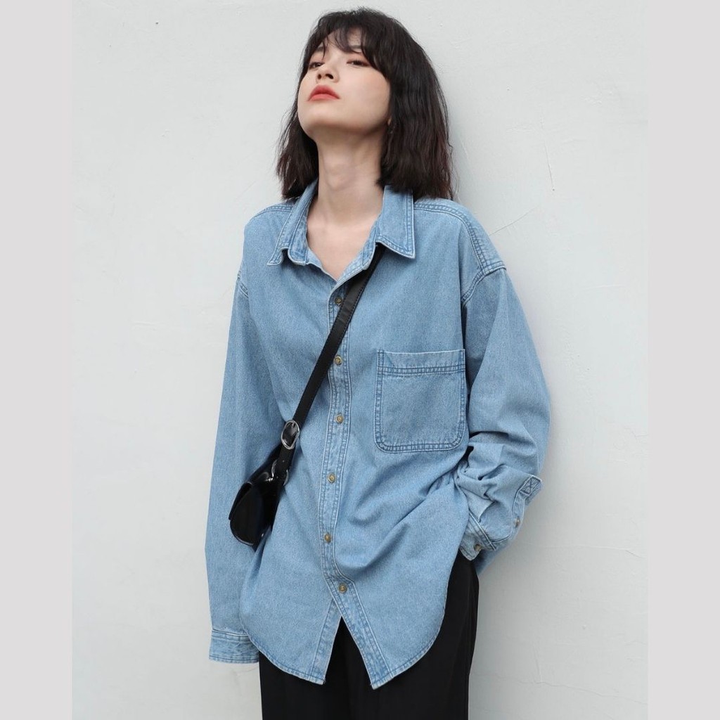 ⚡️FREESHIP⚡️Deal HOT Áo sơ mi bò Denim style Vintage Pháp dáng rộng basic kèm túi da phong cách cho nữ Laylaland