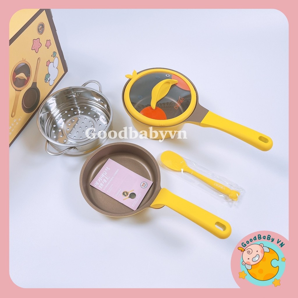Bộ nồi chảo đá HÀN QUỐC Didinika vịt vàng 16cm cho bé ăn dặm,quấy bột Goodbabyvn