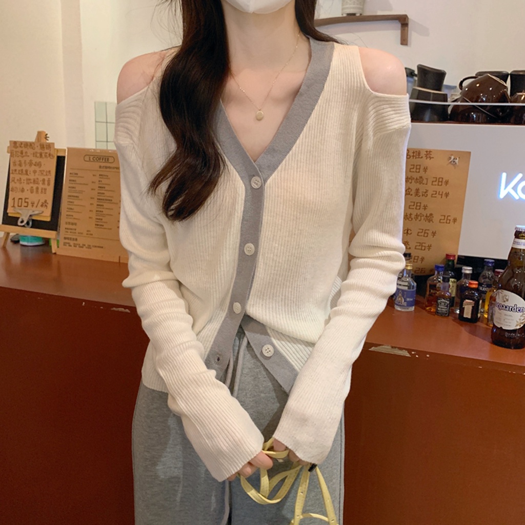 ZHELIHANGFEI Áo Cardigan Dệt Kim Tay Dài Cổ Chữ V Lưng Cao Gợi Cảm