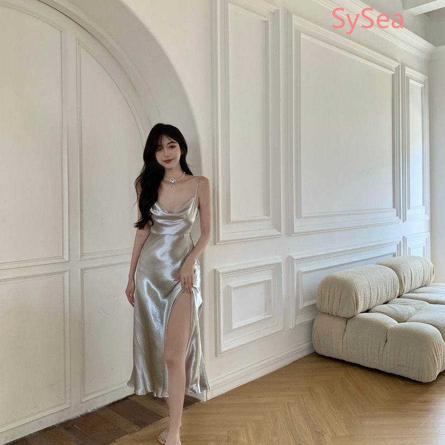 Đầm satin hai dây thiết kế xẻ tà quyến rũ hợp thời trang cho nữ