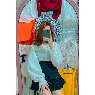Áo sơ mi cổ bèo+ chân váy xếp ly