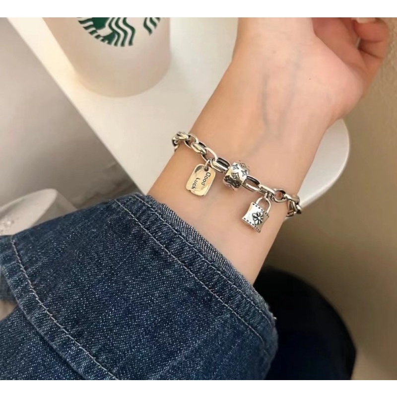 Lắc tay 100% bạc Thái xích Good luck, lắc tay bạc ổ khoá bánh xe LV-Blackmeo