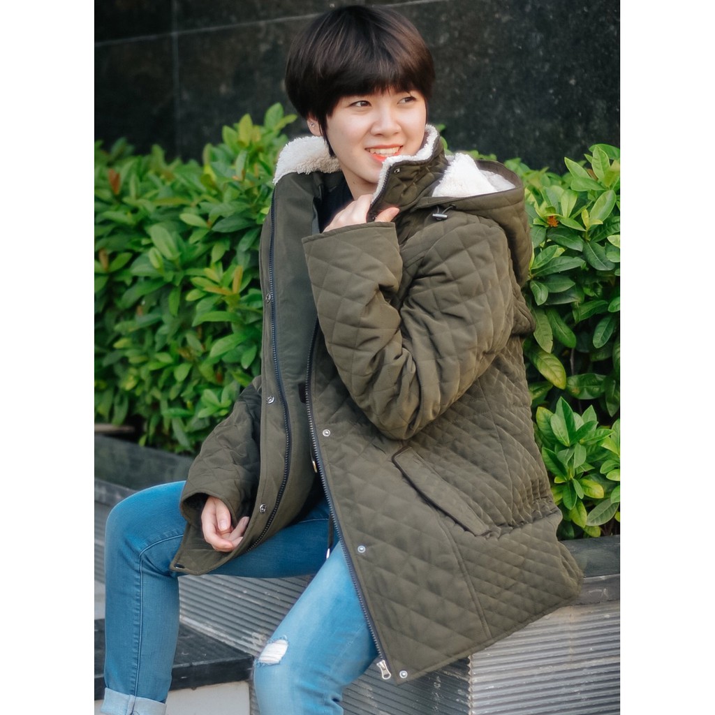 Áo khoác mũ lông cừu 💖Freeship💖Áo khoác trần trám nữ mũ lông cừu, dáng suông quá mông, rút nhún dây eo cơ động