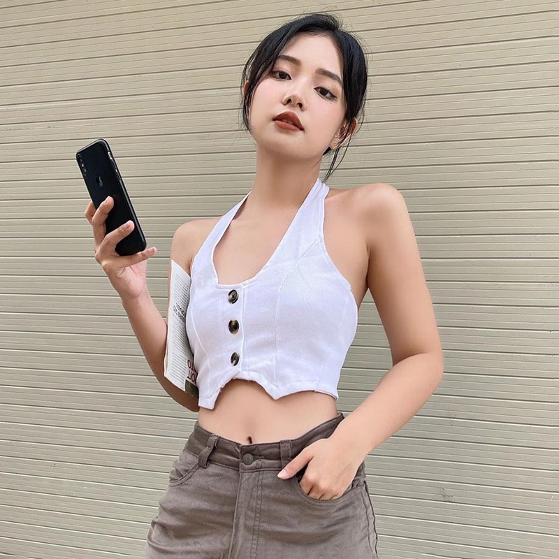 Áo croptop nữ ôm sexy cổ yếm không tay co dãn 4 chiều