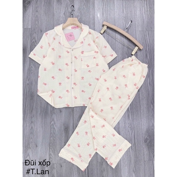 Bộ pyjamas chất đũi xốp áo cộc quần dài nhiều hình dễ thương, Bộ ngủ xinh phong cách trẻ trung mùa hè