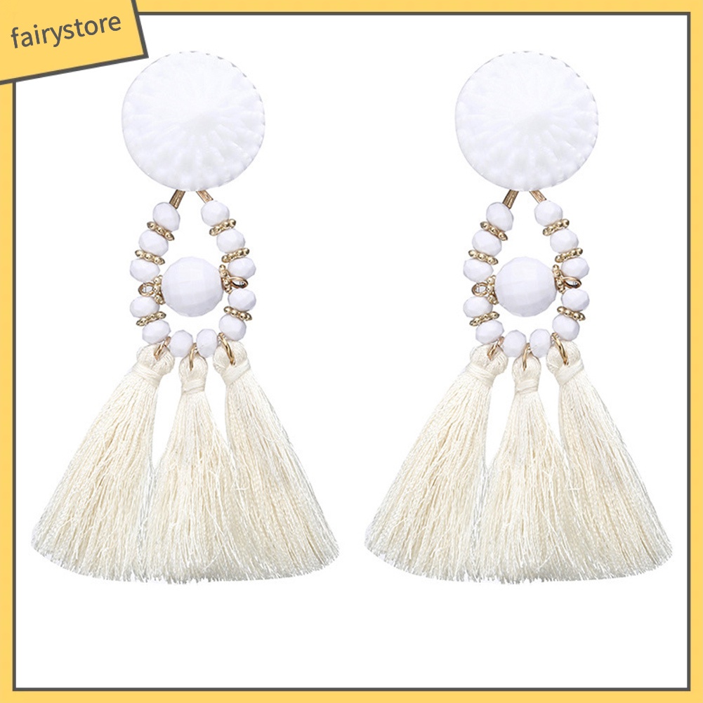 Khuyên Tai Chuỗi Đính Hạt Nhựa Phối Tua Rua Phong Cách Bohemian