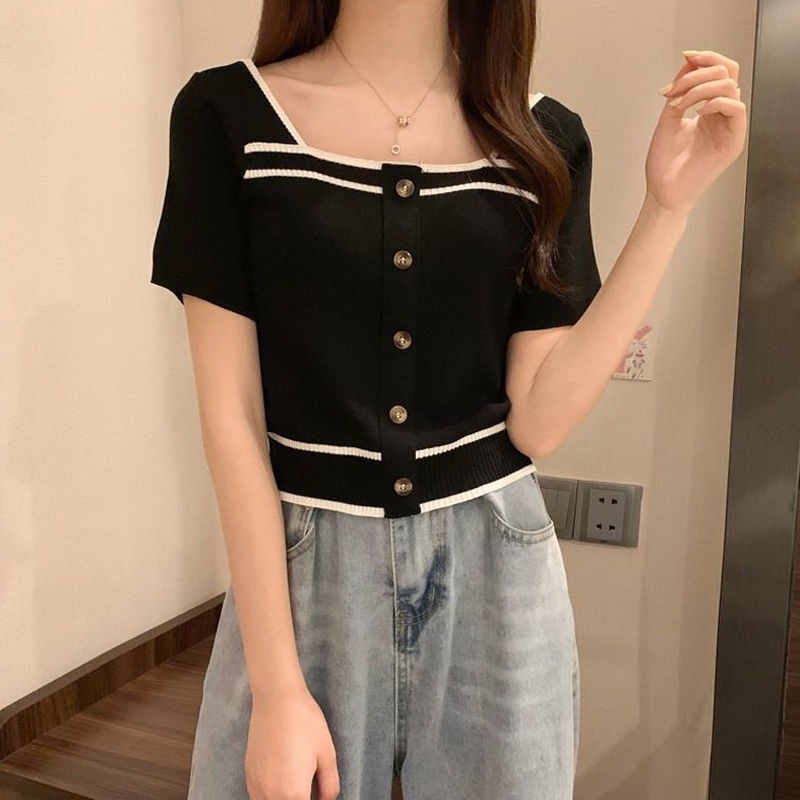 Áo Thun Ngắn Tay Cổ Vuông Phong Cách Phương Tây Thời Trang Mùa Hè Mới Cho Nữ