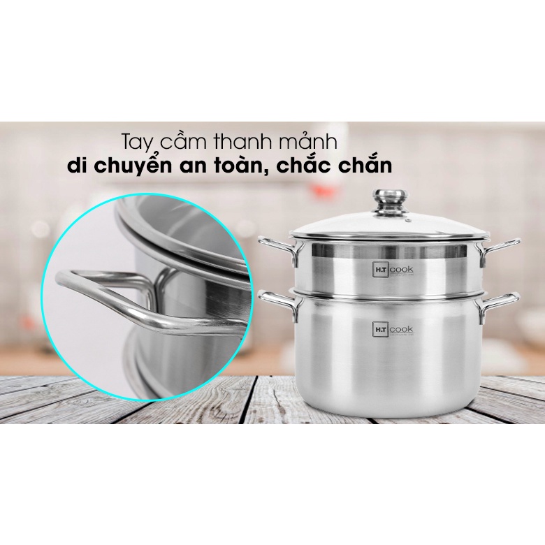 BỘ NỒI XỬNG HẤP INOX CAO CẤP HT COOK 28CM 2 TẦNG VUNG KÍNH CƯỜNG LỰC