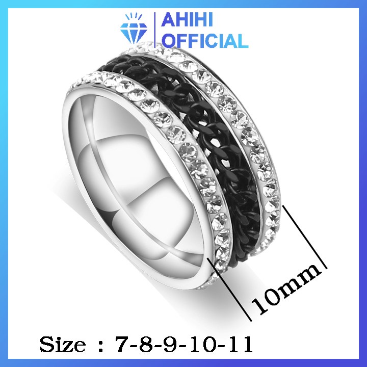 Nhẫn inox nam cao cấp thời trang rẻ đẹp kiểu lồng xích 2 bên đính đá titan ahihi.official màu trắng mạ đen PTNNA12