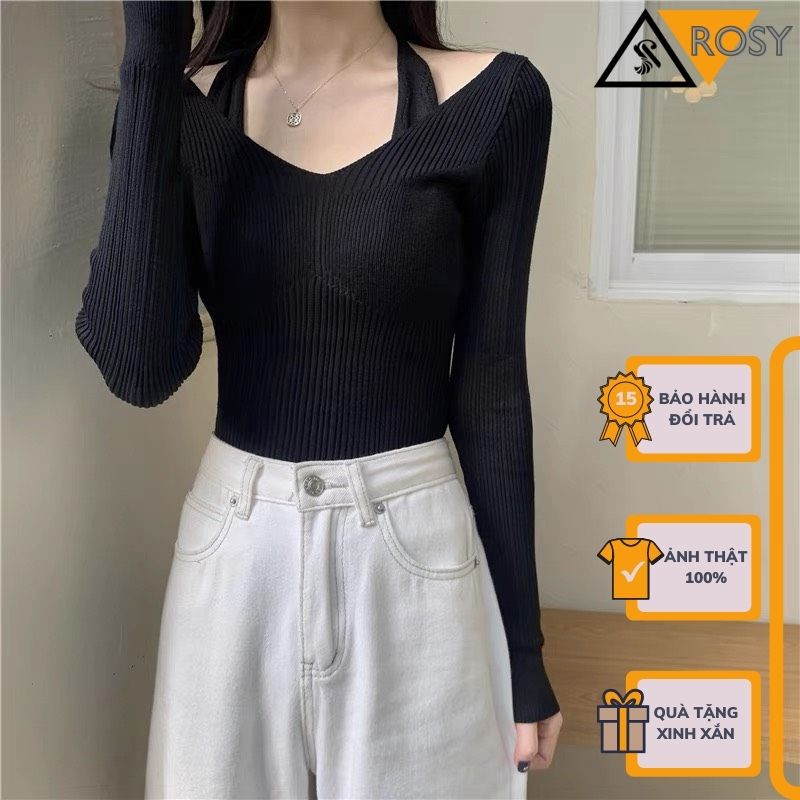 Áo kiểu tay dài cổ chữ V có dây cột ở cổ chất co giãn siêu năng động